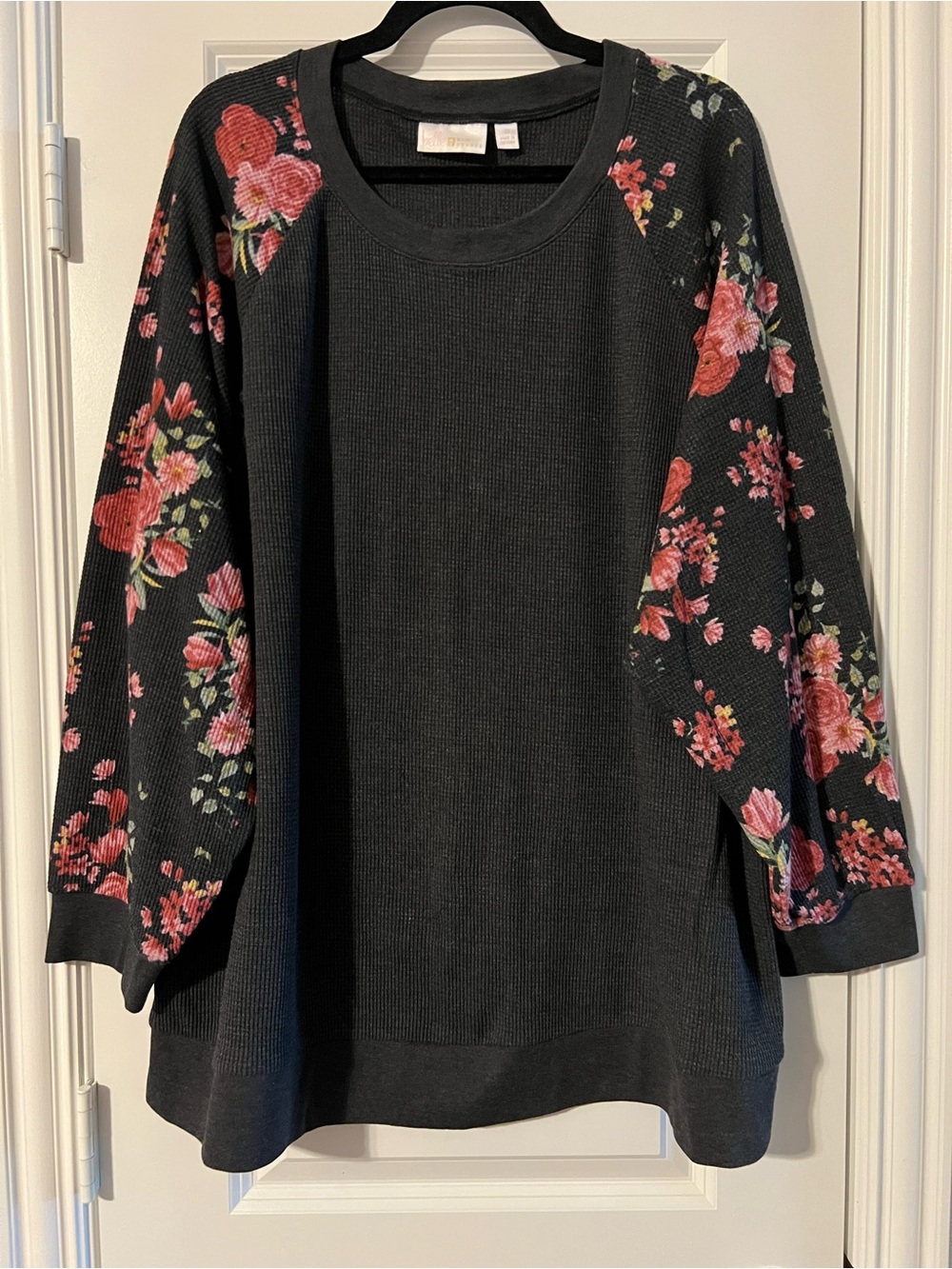 Charcoal Grey Waffle-Knit Top with Pink Rose Sleeves